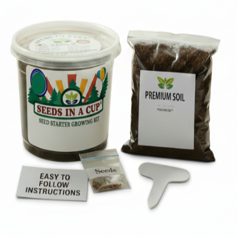 Apple Tree (Malus domestica) seed starter kit contents: premium non-GMO seeds, nutrient-rich loose potting soil, and recyclable planter with humidity lid by Seeds In A Cup - Made in USA.