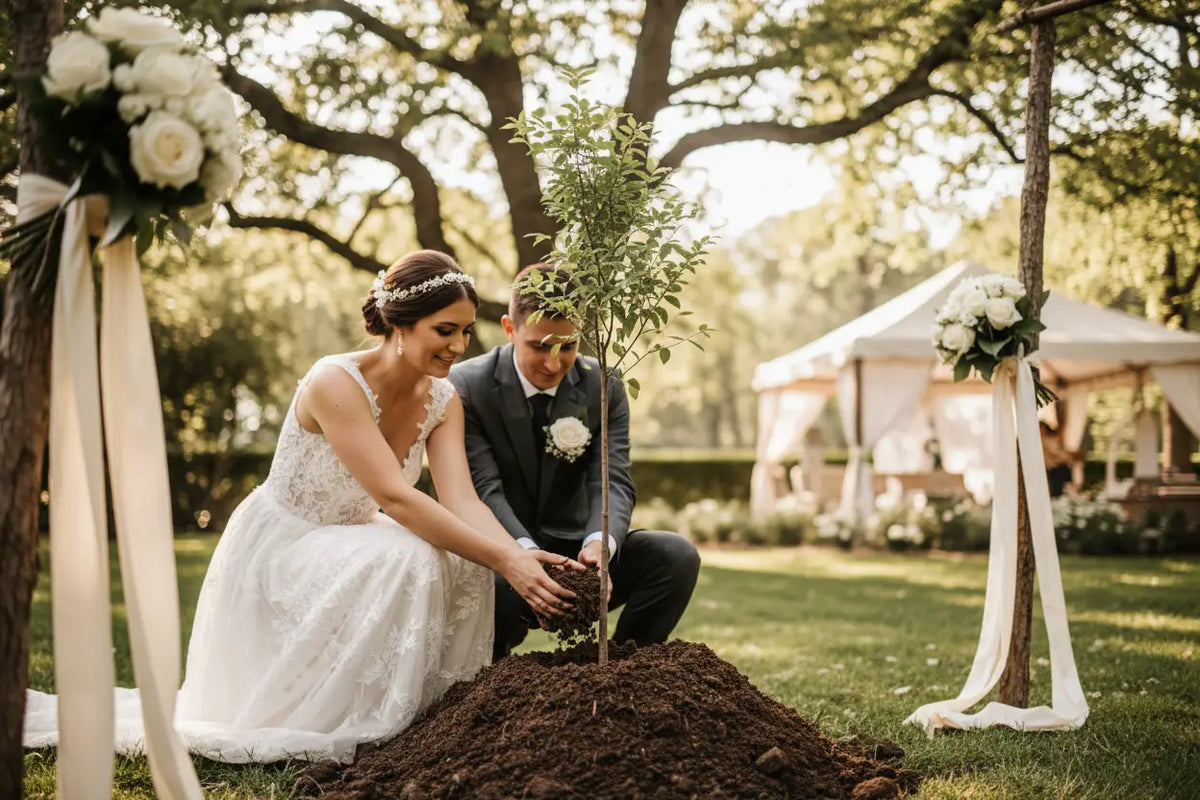 Wedding memory tree planting honoring the bride and groom — living wedding favors and tree seed starter kits by Seeds In A Cup®.