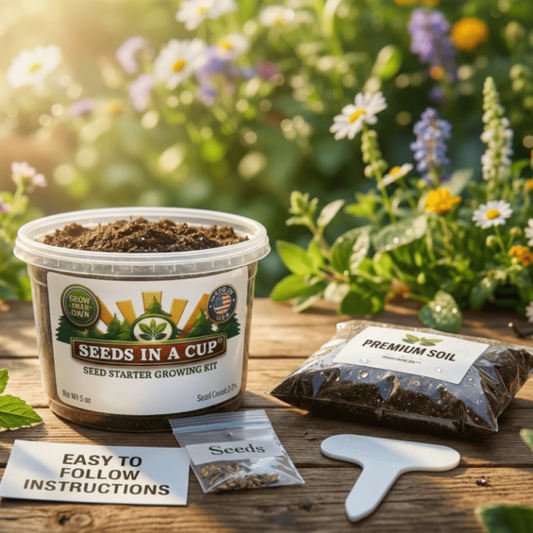 American Wisteria (Wisteria frutescens) seed starter kit contents: premium non-GMO seeds, nutrient-rich loose potting soil, and recyclable planter with humidity lid by Seeds In A Cup - Made in USA.