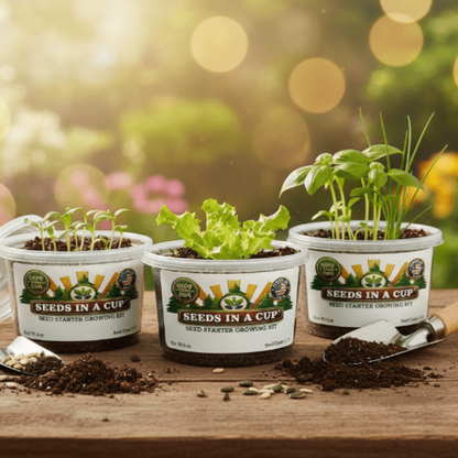 Healthy Japanese Maple (Acer palmatum) seedling growing in a Seeds In A Cup recyclable planter. Demonstrates successful germination using real potting soil and non-GMO seeds.