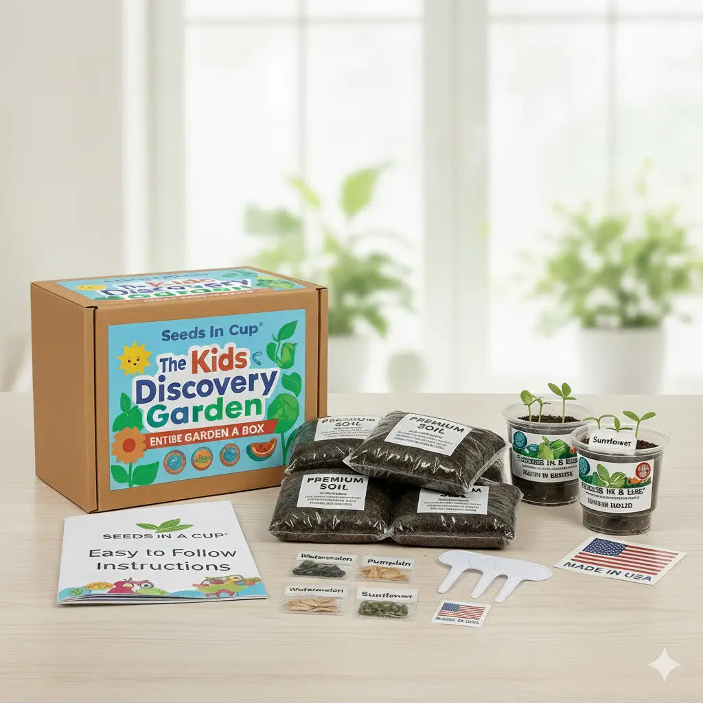 Kids Discovery Garden Kit plant thriving after transplant from Seeds In A Cup starter kit. Proof of high germination rates and 100% Growth Guarantee quality.