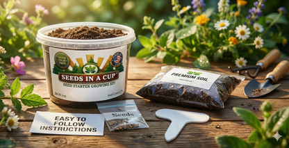 Cucumber (Cucumis sativus) seed starter kit contents: premium non-GMO seeds, nutrient-rich loose potting soil, and recyclable planter with humidity lid by Seeds In A Cup - Made in USA.