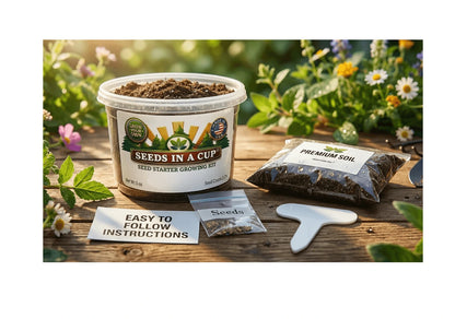 Anise (Pimpinella anisum) seed starter kit contents: premium non-GMO seeds, nutrient-rich loose potting soil, and recyclable planter with humidity lid by Seeds In A Cup - Made in USA.