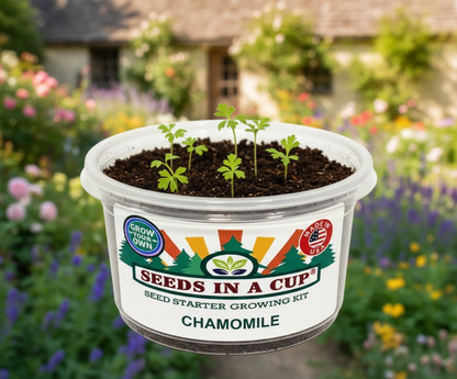 Healthy Chamomile (Matricaria chamomilla) seedling growing in a Seeds In A Cup recyclable planter. Demonstrates successful germination using real potting soil and non-GMO seeds.