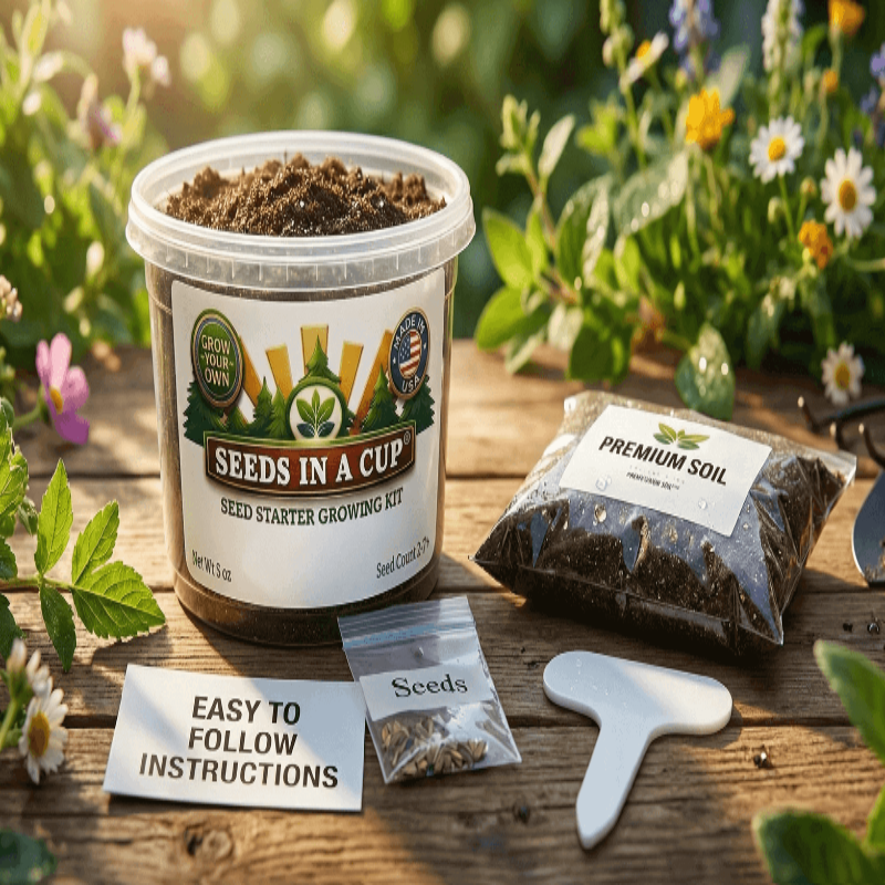 Japanese Maple (Acer palmatum) seed starter kit contents: premium non-GMO seeds, nutrient-rich loose potting soil, and recyclable planter with humidity lid by Seeds In A Cup - Made in USA.