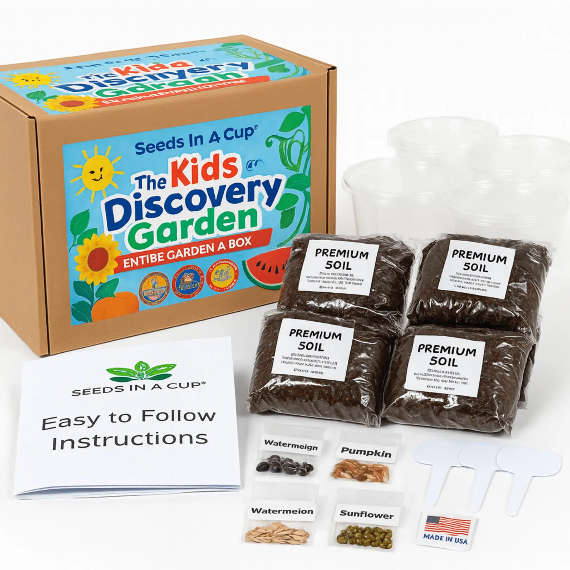 Healthy Kids Discovery Garden Kit seedling growing in a Seeds In A Cup recyclable planter. Demonstrates successful germination using real potting soil and non-GMO seeds.