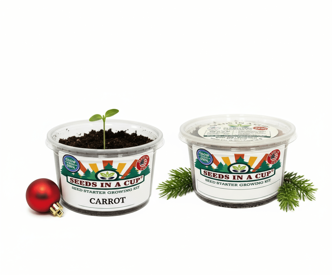 Complete Seeds In A Cup Carrot growing system: recyclable planter, premium soil, and non-GMO Daucus carota subsp. sativus seeds. Indoor seed starter kit manufactured in Cleveland, Ohio, USA.