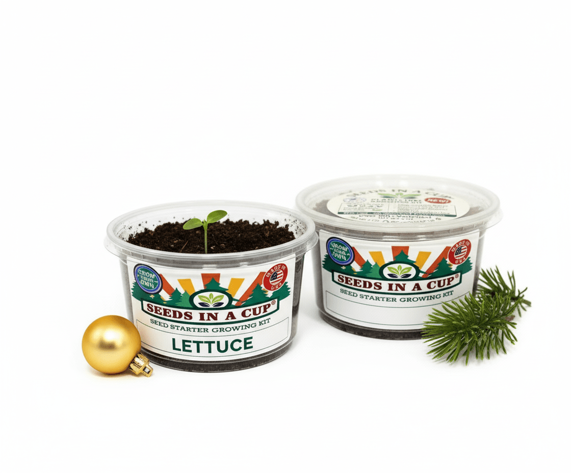 Complete Seeds In A Cup Lettuce growing system: recyclable planter, premium soil, and non-GMO Lactuca sativa seeds. Indoor seed starter kit manufactured in Cleveland, Ohio, USA.
