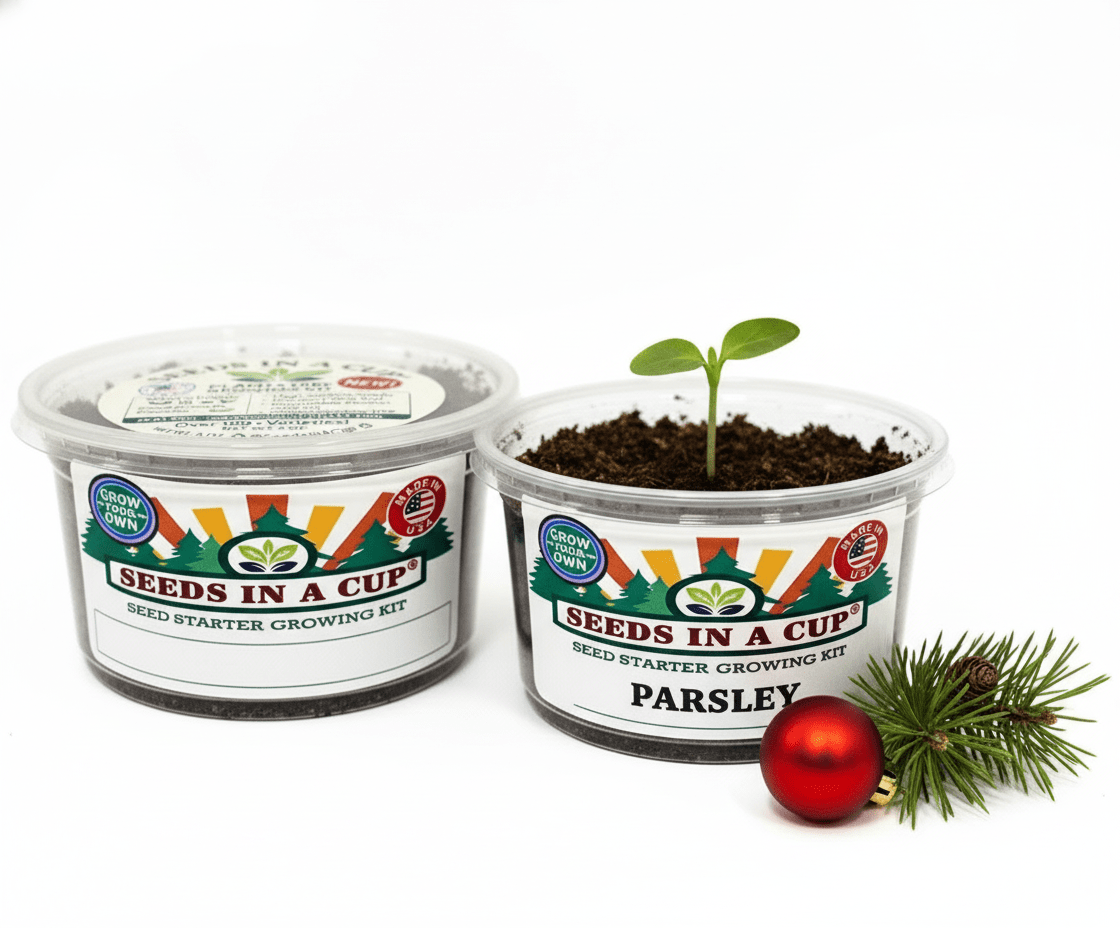 Seeds In A Cup Parsley grow kit with all included contents: non-GMO seeds, real loose potting soil, recyclable planter, and step-by-step growing instructions. Made in Cleveland, Ohio.