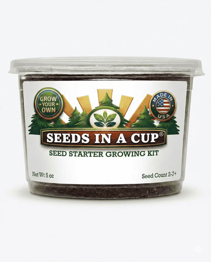 Loofah Sponge Gourd (Luffa aegyptiaca) seed starter kit contents: premium non-GMO seeds, nutrient-rich loose potting soil, and recyclable planter with humidity lid by Seeds In A Cup - Made in USA.