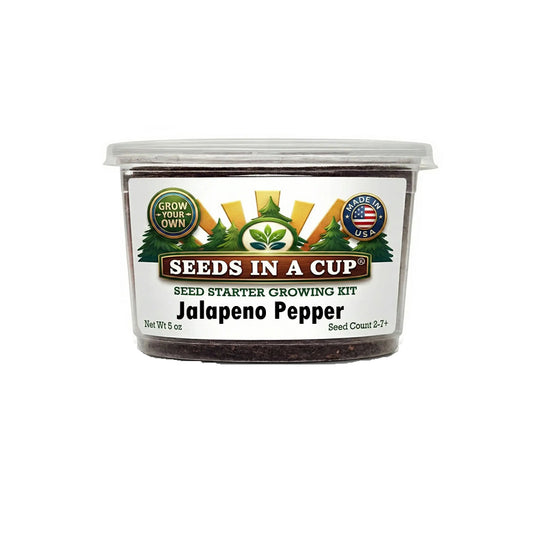 Seeds In A Cup Jalapeno Pepper (Capsicum annuum) Grow Kit - Complete seed starter with recyclable planter, non-GMO seeds, and real potting soil. Hand-assembled in Cleveland, Ohio, USA.