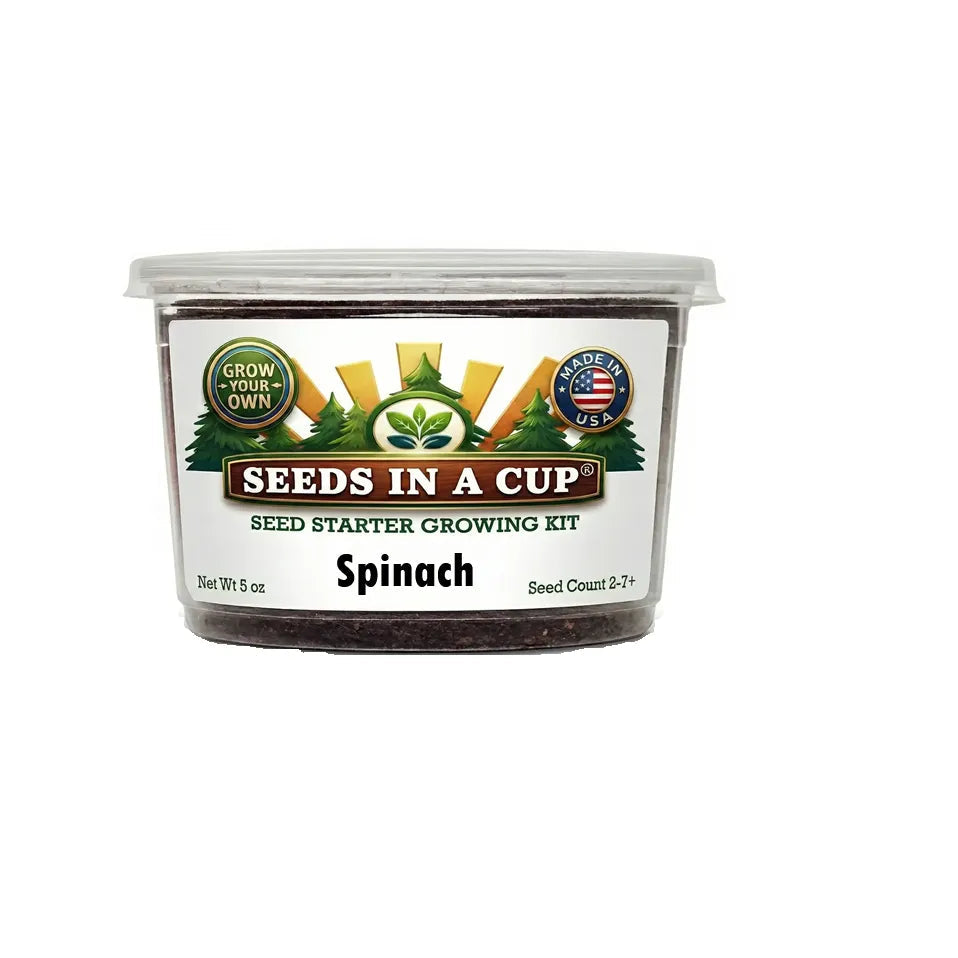 Seeds In A Cup Spinach (Spinacia oleracea) Grow Kit - Complete seed starter with recyclable planter, non-GMO seeds, and real potting soil. Hand-assembled in Cleveland, Ohio, USA.